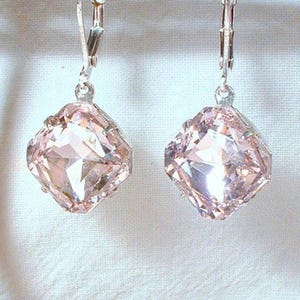 Blush Pink Rhinestone Dangle Earrings, Bridal/Bridesmaid Gift Art Deco Square Crystal Silver or Gold Drop  Vintage Wedding Simple Soft Pink