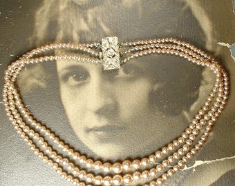 PRISTINE 1940s Vintage Art Deco Champagne Ivory Pearl Necklace, Bridal/Wedding Multi 3 Three Strand Glass Silver Rhinestone Clasp Antique