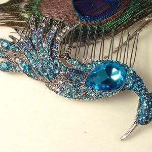 Turquoise Blue Rhinestone Peacock Bridal Hair Comb,Teal Aqua Bird Silver Brooch Large Headpiece Art Deco Jeweled Hairpiece Wedding Accessory image 3