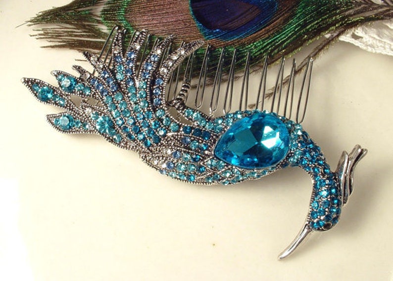 Turquoise Blue Rhinestone Peacock Bridal Hair Comb,Teal Aqua Bird Silver Brooch Large Headpiece Art Deco Jeweled Hairpiece Wedding Accessory image 3