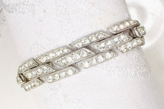 Vintage Art Deco Bracelet, Silver Paste Crystal R… - image 6