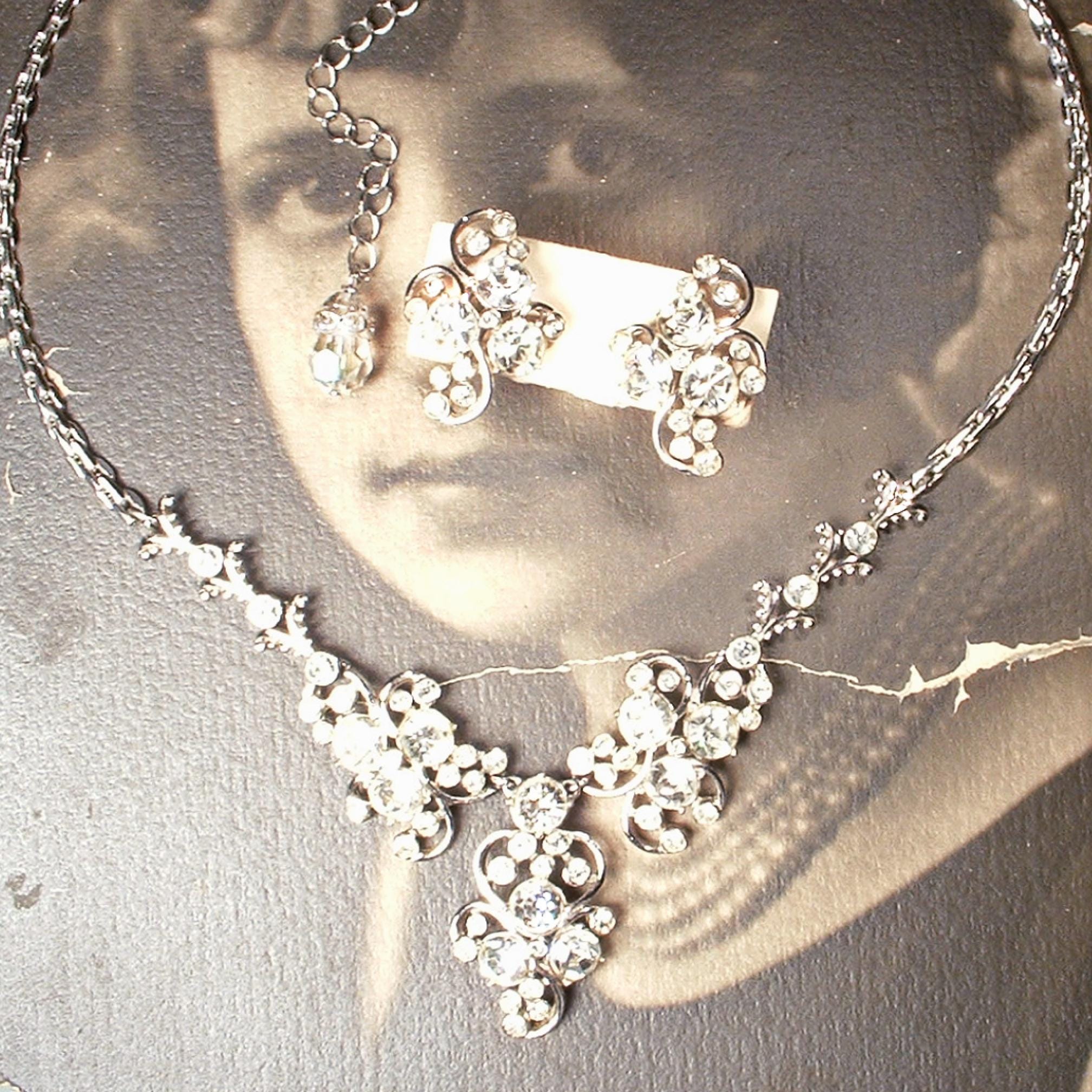 Vintage 1940s Rhinestone Necklace/earrings Set, ORA Art Deco
