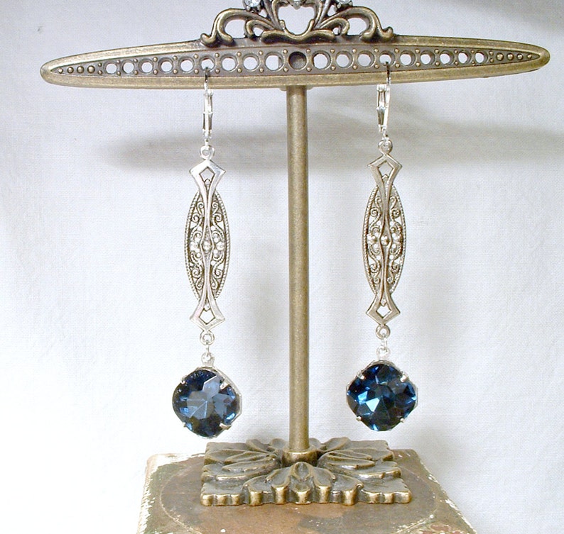 Art Nouveau/Deco Sapphire Earrings, 1920s Navy Blue Rhinestone Long Dangle Earrings, Antique Silver Vintage Bride Bridesmaid Gatsby Wedding image 5