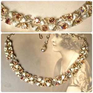 PRiSTiNe 1950s Topaz Brown Rhinestone Gold Leaf Necklace,Vintage Old Hollywood Glam Wedding Bridal Choker Designer LISNER Something Old Gift