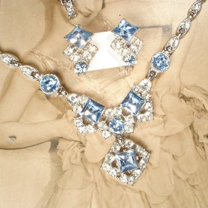 PRISTINE Vintage Ice/Light Blue BOGOFF Rhinestone Necklace/Earring SET,1940s Art Deco Silver Something Old Bridal Wedding Choker Clip On image 3