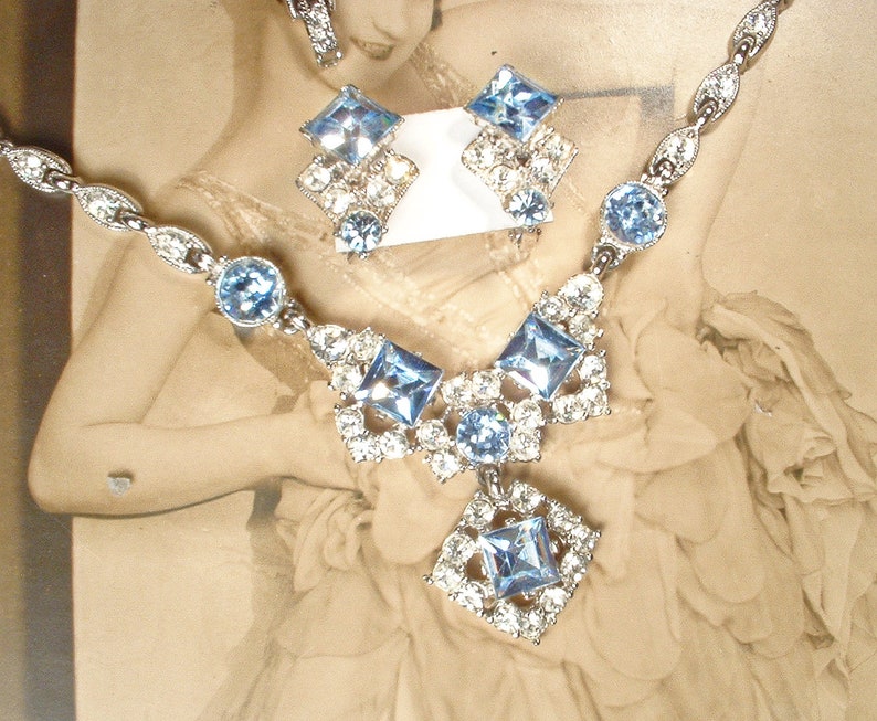 PRISTINE Vintage Ice/Light Blue BOGOFF Rhinestone Necklace/Earring SET,1940s Art Deco Silver Something Old Bridal Wedding Choker Clip On image 3