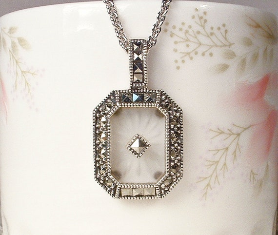 PRISTINE Vintage Art Deco Camphor Glass Marcasite Pendant Necklace