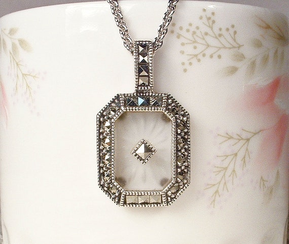 PRISTINE Vintage Art Deco Camphor Glass Marcasite… - image 1