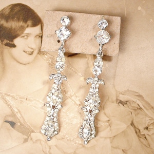 Vintage Art Deco Rhinestone Bridal Earrings,Long Dangle Drop,1920s Wedding Gatsby Flapper Old Hollywood Glam Clip Back/On Something Old Gift