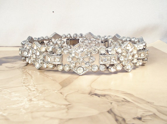 Antique Art Deco Bracelet,Pave Paste Crystal Rhin… - image 6