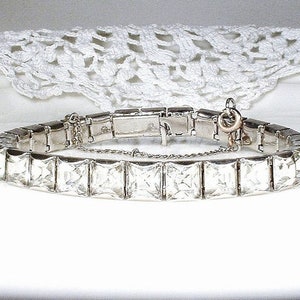 Vintage Art Deco Flapper Bracelet, Princess Cut Rhinestone Silver Old Hollywood 1920s Wedding/Bridal Gatsby Wide Tennis Something Old Gift