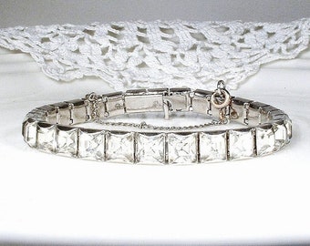 Vintage Art Deco Flapper Bracelet, Princess Cut Rhinestone Silver Old Hollywood 1920s Wedding/Bridal Gatsby Wide Tennis Something Old Gift