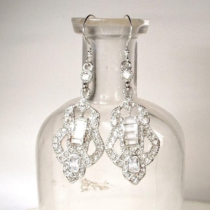 1920s Art Deco Rhinestone Bridal Dangle Earrings, STERLING SILVER Long Crystal Wedding Statement Earrings, Edwardian Gatsby Drops Chandelier