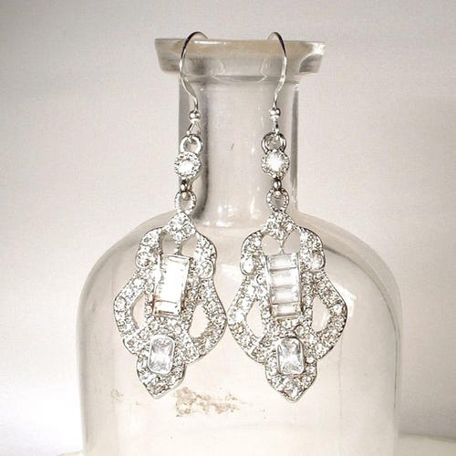 1920s Art Deco Rhinestone Bridal Dangle Earrings,  Silver Long Crystal Wedding Statement Earrings, Edwardian Gatsby Drops Chandelier
