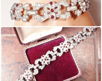 Antique Art Deco Bohemian Garnet Red Rhinestone Bracelet, Vintage 1920s Wedding/Bridal, Silver Link Gatsby Flapper Something Old 1930s Gift