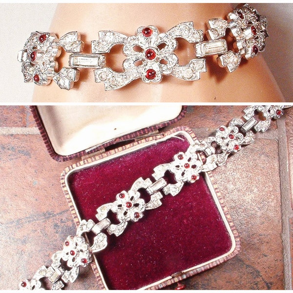 Antique Art Deco Bohemian Garnet Red Rhinestone Bracelet, Vintage 1920s Wedding/Bridal, Silver Link Gatsby Flapper Something Old 1930s Gift