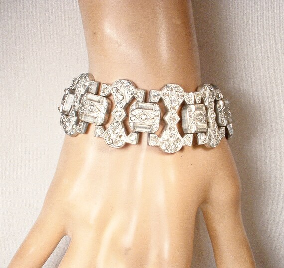 ANTIQUE Art Deco Bracelet,WIDE Paste Rhinestone G… - image 7