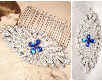 Antique 1930s Sapphire Blue Wedding Dress Brooch/Bridal Hair Comb, Art Deco 1920s Vintage Navy Rhinestone Gatsby Headpiece Flapper Hairpiece