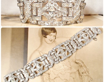 Vintage Art Deco Crystal Rhinestone Bracelet, WIDE Silver Pot Metal Paste Link Flapper Gatsby Bridal 1920s Wedding Something Old Gift Cuff