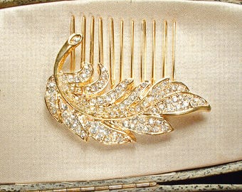 Art Deco Gold Leaf Rhinestone Bridal Hair Comb, Vintage Wedding Crystal Feather Headpiece Head Piece Garden Outdoor Hairpiece Shower Gift