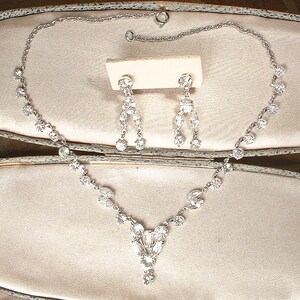 Vintage Art Deco Cut Crystal Flapper Necklace/Earring Set,Open Back Rhinestone 1940s Silver Bridal 1920s Gatsby Wedding Dangle Choker Dainty
