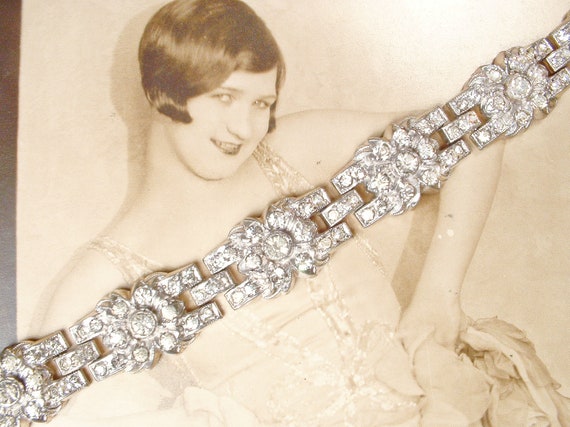 Vintage 1940s Art Deco Bracelet, Princess Cut Rhi… - image 3