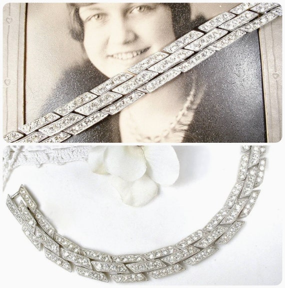 Vintage Art Deco Bracelet, Silver Paste Crystal R… - image 1