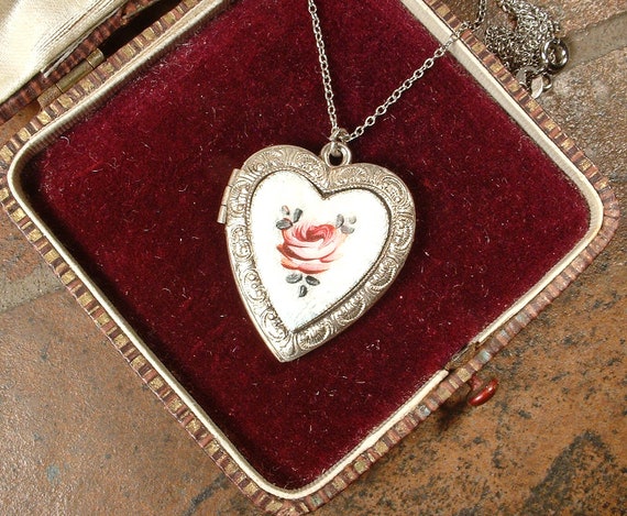 ANTIQUE 1920s Guilloche Rose Heart Necklace,STERL… - image 5