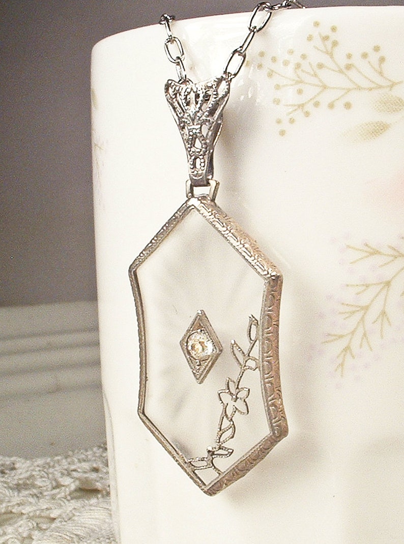 Antique Art Nouveau Camphor Glass Necklace, 1930s Art Deco Sterling Silver Filigree Crystal Rhinestone Pendant,1920s Bridal Vintage Wedding image 7