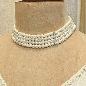 PRISTINE Vintage Art Deco Ivory Pearl Bridal Choker Necklace, Multi Strand Simulated Pearl Rhinestone 1920s Wedding, Layered Silver OR Gold
