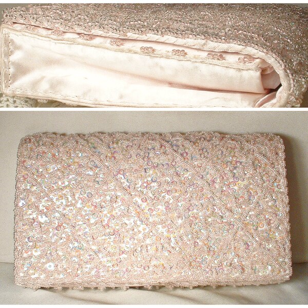 PRiSTiNe Blush Pink Hand Beaded Clutch Purse, Art Deco Sequin Glass Bead Bridal Bag,Vintage Wedding Evening Handbag 1960s Old Hollywood Glam