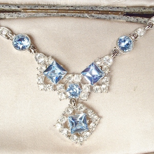 PRISTINE Vintage Ice/Light Blue BOGOFF Rhinestone Necklace/Earring SET,1940s Art Deco Silver Something Old Bridal Wedding Choker Clip On image 5