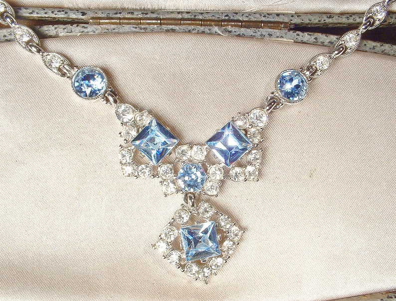 PRISTINE Vintage Ice/Light Blue BOGOFF Rhinestone Necklace/Earring SET,1940s Art Deco Silver Something Old Bridal Wedding Choker Clip On image 5