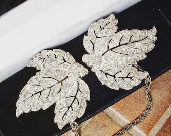 Antique Art Deco Bridal Fur Clip Pair,Art Nouveau Glam 1920s Wedding Rhinestone Leaf Shoe/Sweater/Cape/Wrap/Shrug/Bolero Clips Vintage 1930s