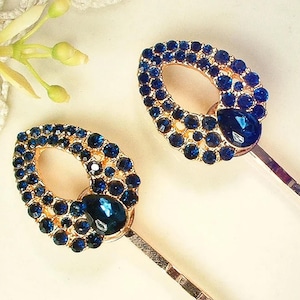 Sapphire Navy Blue Bridal Hair Pins,Rhinestone Art Deco Gold,Something Blue Vintage Wedding Bridesmaid Bobby Pin Set 2 Bridesmaids Gift Clip