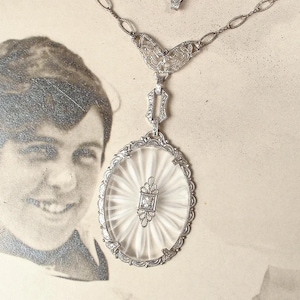 1920s Vintage Camphor Glass Necklace, Antique Art Deco STeRLiNG SiLVeR Filigree Rhinestone Pendant Bridal 1930s Wedding Something Old Gift