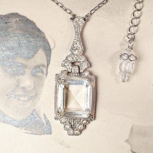 ANTIQUE 1920s Art Deco Cut Crystal & Paste Rhinestone Necklace, Silver Pendant Vintage Wedding Bridal 1930s Gatsby Flapper Something Old
