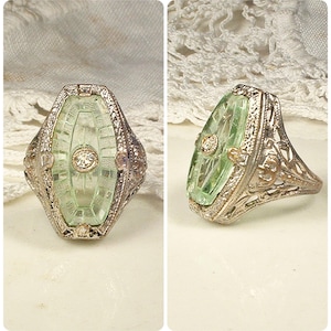 Antique Light Green Camphor Glass Ring, 1920s Silver Filigree Art Deco/Edwardian, Vintage 1920s 1930s Gatsby Flapper Gift Size 4 Little Nemo