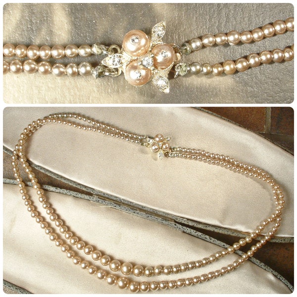 PRISTINE Vintage 1940s Ivory Glass Pearl Double Strand Necklace Silver Rhinestone Pearl Clasp, Art Deco Bridal/Wedding Antique Multi Choker