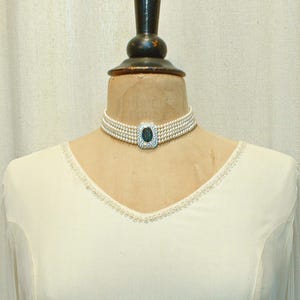 Vintage Sapphire Rhinestone Vanilla White Pearl Choker, Bridal Necklace, Multi 5 Strand Navy Blue Art Deco Designer Princess Diana image 10