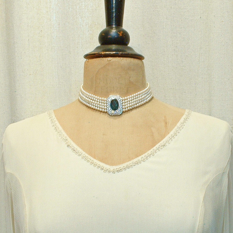 Vintage Sapphire Rhinestone Vanilla White Pearl Choker, Bridal Necklace, Multi 5 Strand Navy Blue Art Deco Designer Princess Diana image 10