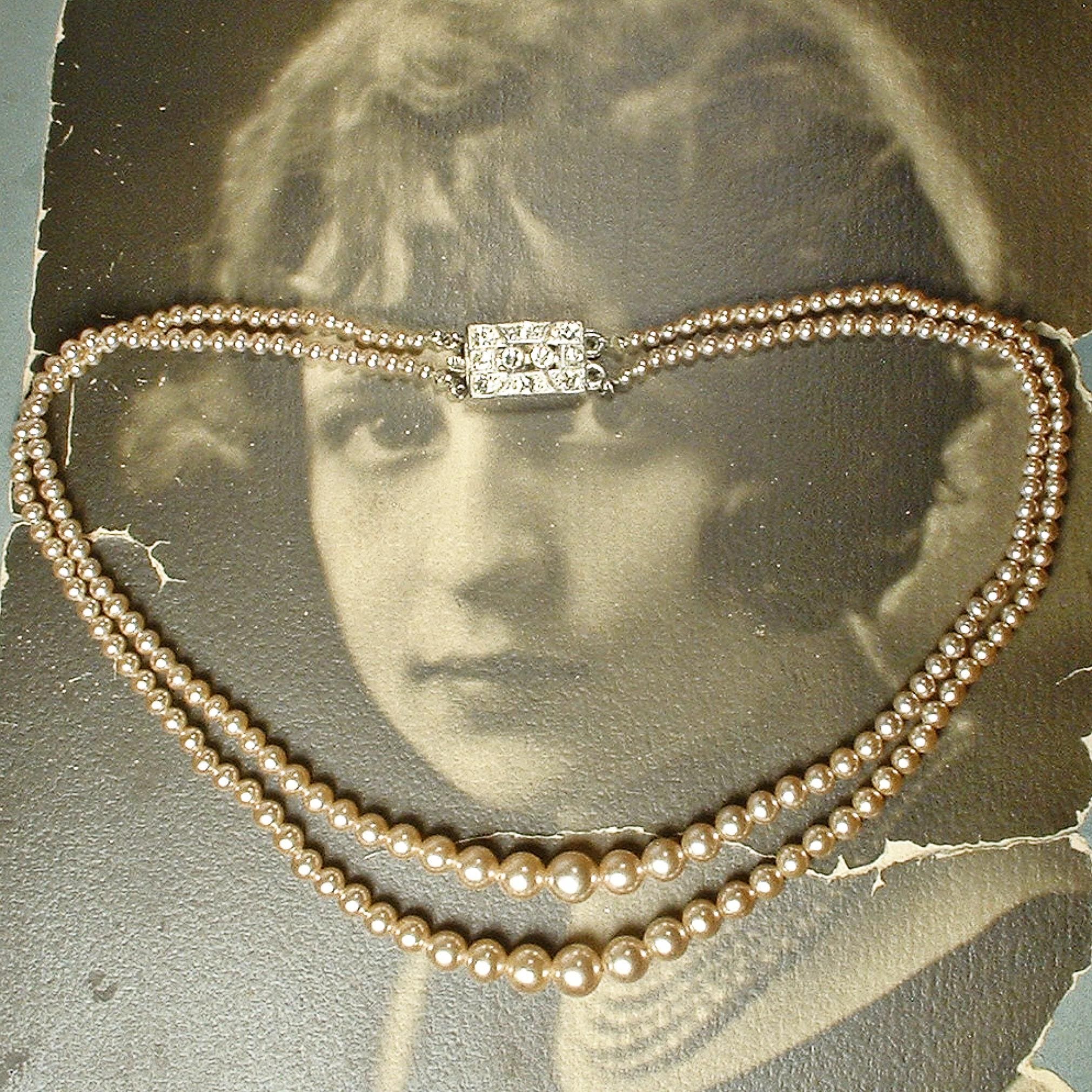 PRISTINE 1940s Vintage Art Deco Champagne Ivory Pearl Necklace, Bridal/Wedding Multi 2 Two Strand Glass Silver Rhinestone Clasp Antique
