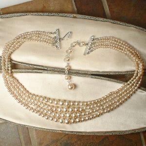 Vintage Triple 4 Strand Ivory Pearl Bridal Necklace, Art Deco Vanilla Glass Pearl Choker Rhinestone Clasp, Four Multi Row Wedding Gift