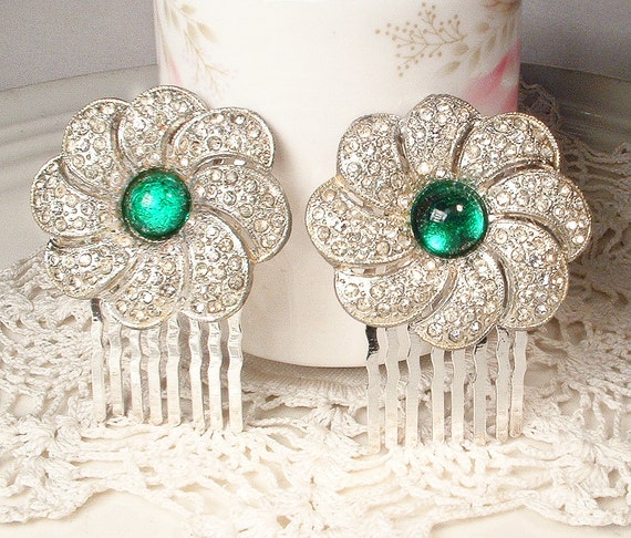 ANTIQUE 1920s Emerald Green Art Deco Hair Comb Pa… - image 2