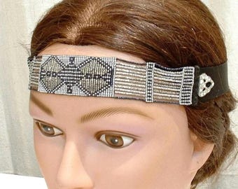 Antique 1920s Flapper Headband, Art Deco Beaded Rhinestone Silver/Black Bridal Head Band, Great Gatsby Headpiece Vintage Wedding