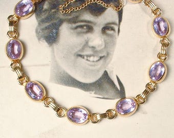 Vintage Lavender Blue Spinel Crystal Bracelet, 12K GOLD Filled Glass Rhinestone Tennis Link, Bridal/Wedding