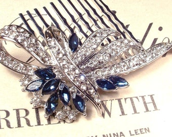 Something Blue Bridal Hair Comb, Sapphire & Clear Rhinestone Wedding Great Gatsby Art Deco Silver Brooch 1920s Accessory Navy Blue Headpiece