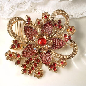 Vintage Red Brooch/Hair Comb, Large Gold Garnet Ruby Rhinestone Wedding Dress Sash/Bridal Headpiece, Wedding Flower Hairpiece Chinese Indian Convert to Hair Comb