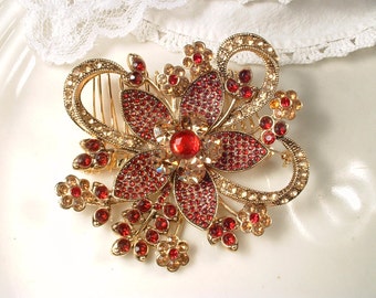 Vintage Red Brooch/Hair Comb, Large Gold Garnet Ruby Rhinestone Wedding Dress Sash/Bridal Headpiece, Wedding Flower Hairpiece Chinese Indian