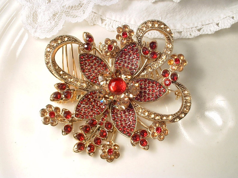 Vintage Red Brooch/Hair Comb, Large Gold Garnet Ruby Rhinestone Wedding Dress Sash/Bridal Headpiece, Wedding Flower Hairpiece Chinese Indian Convert to Hair Comb